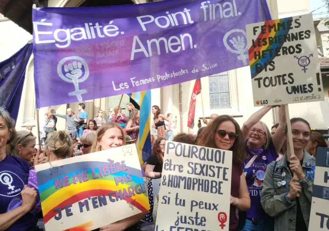 Vendredi 14 juin 2019, femmes protestantes lors de la grève des femmes à Lausanne. EERV