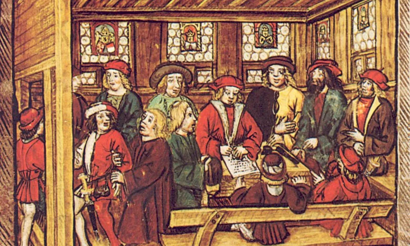 Dessin de l'Amtliche Luzerner Chronik de 1513 de Diebold Schilling le Jeune, illustrant les événements de la Diète de Stans en 1481. ©WIkimedia Commons/Domaine public