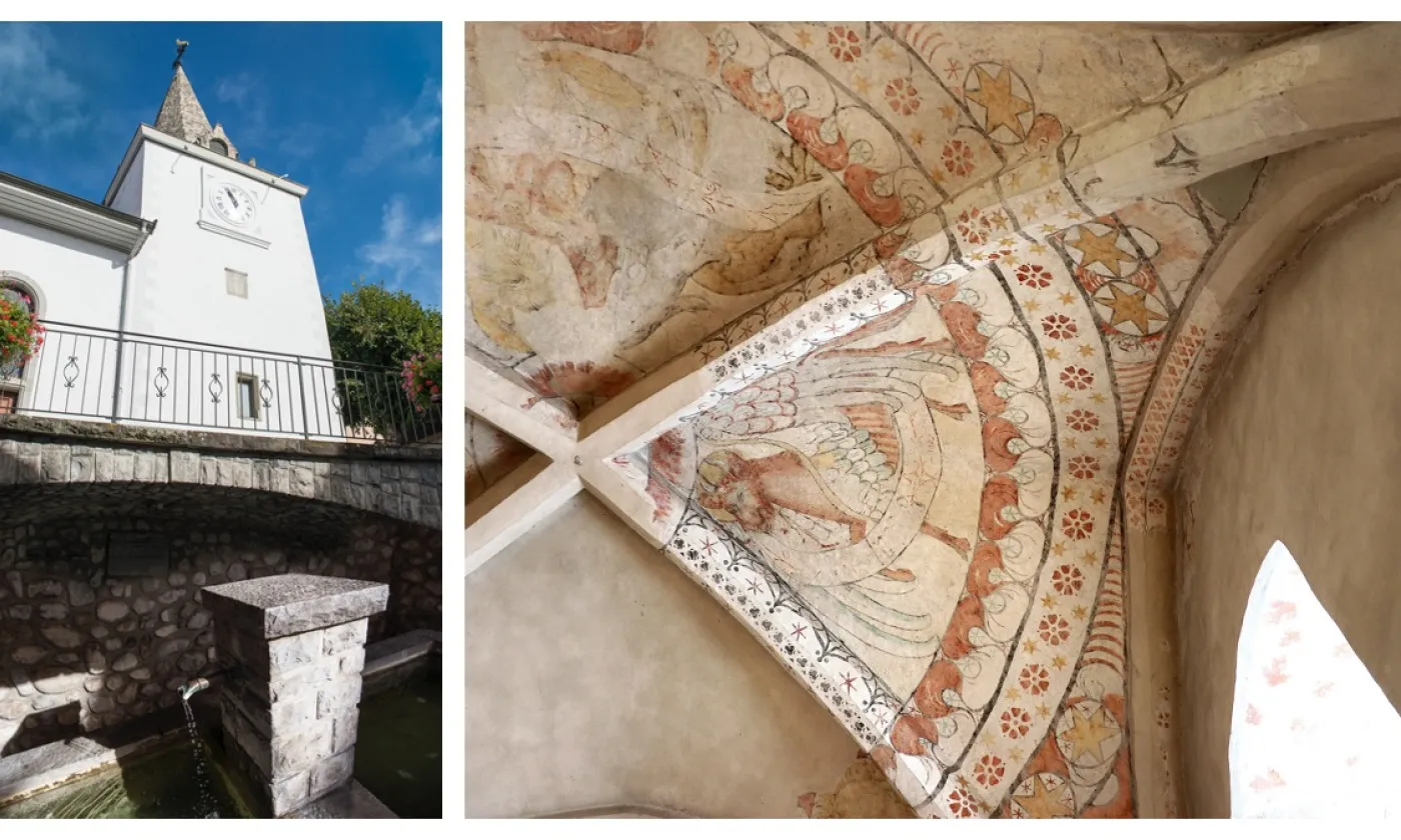 Le temple de Chardonne au cœur du village et la fresque montrant les quatre évangélistes, découverte en 2000 dans le chœur du temple. © Marion Savoy / © Samuel Verdan