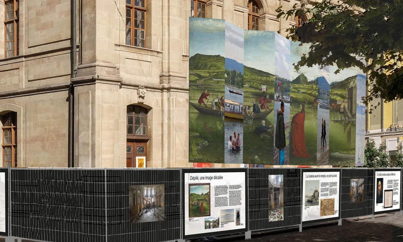 Un leporello installé sur le temple de la Fusterie © Jean Stern