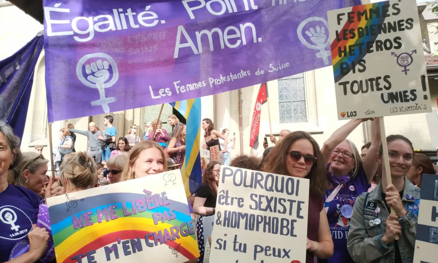 Vendredi 14 juin 2019, femmes protestantes lors de la grève des femmes à Lausanne. EERV